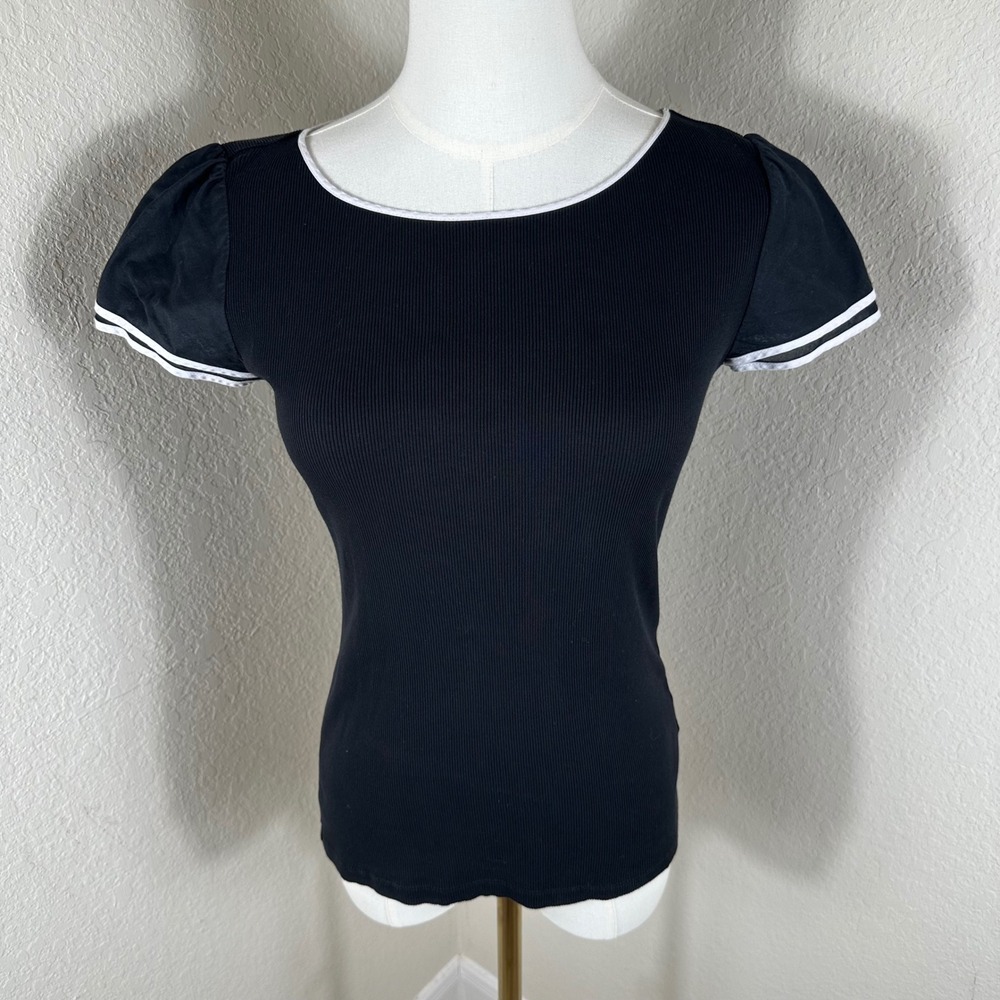 Lauren Ralph Lauren Ribbed Top Women S Navy Blue Black Preppy Coastal Nautical - Picture 5 of 11